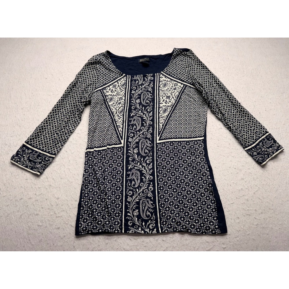 Lucky Brand Navy Blue Paisley Mixed Print Long Sleeve Top Small 7W81443
